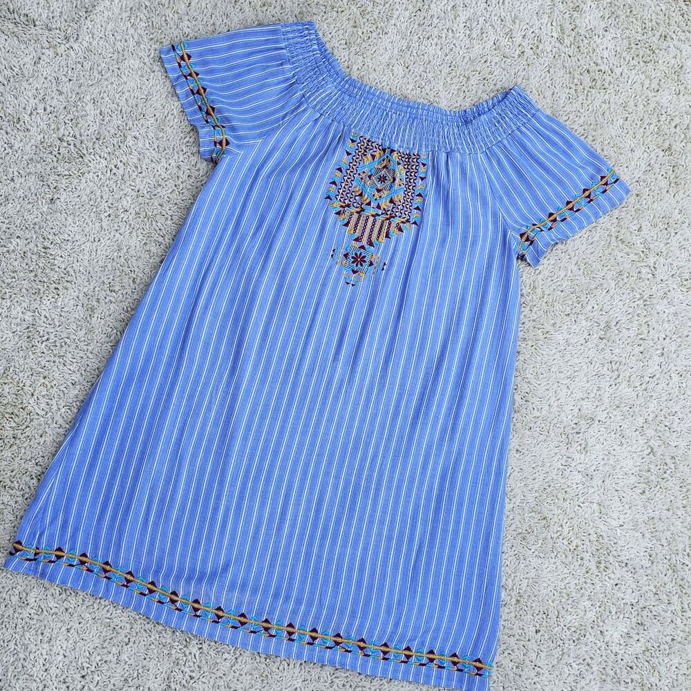 Andree by UNIT Dress. Blue White Striped Colorful Southwestern Embroidery Size M - Picture 9 of 15